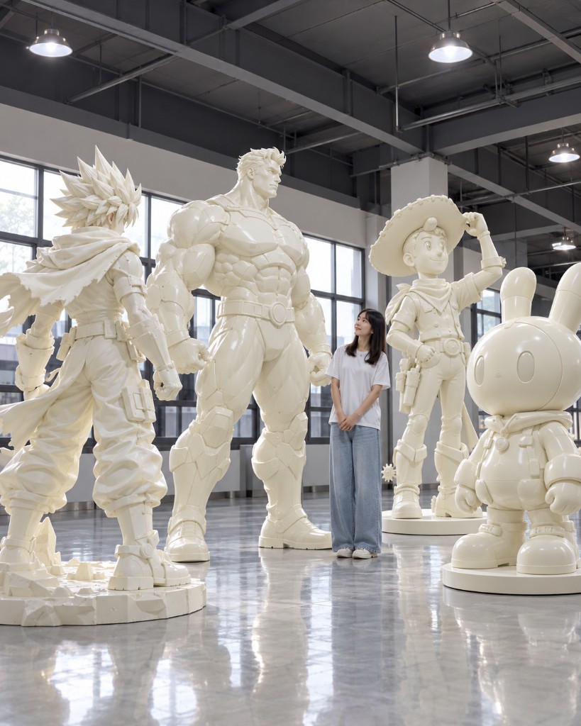 3D printed character sculptures taller than a person, with a visitor