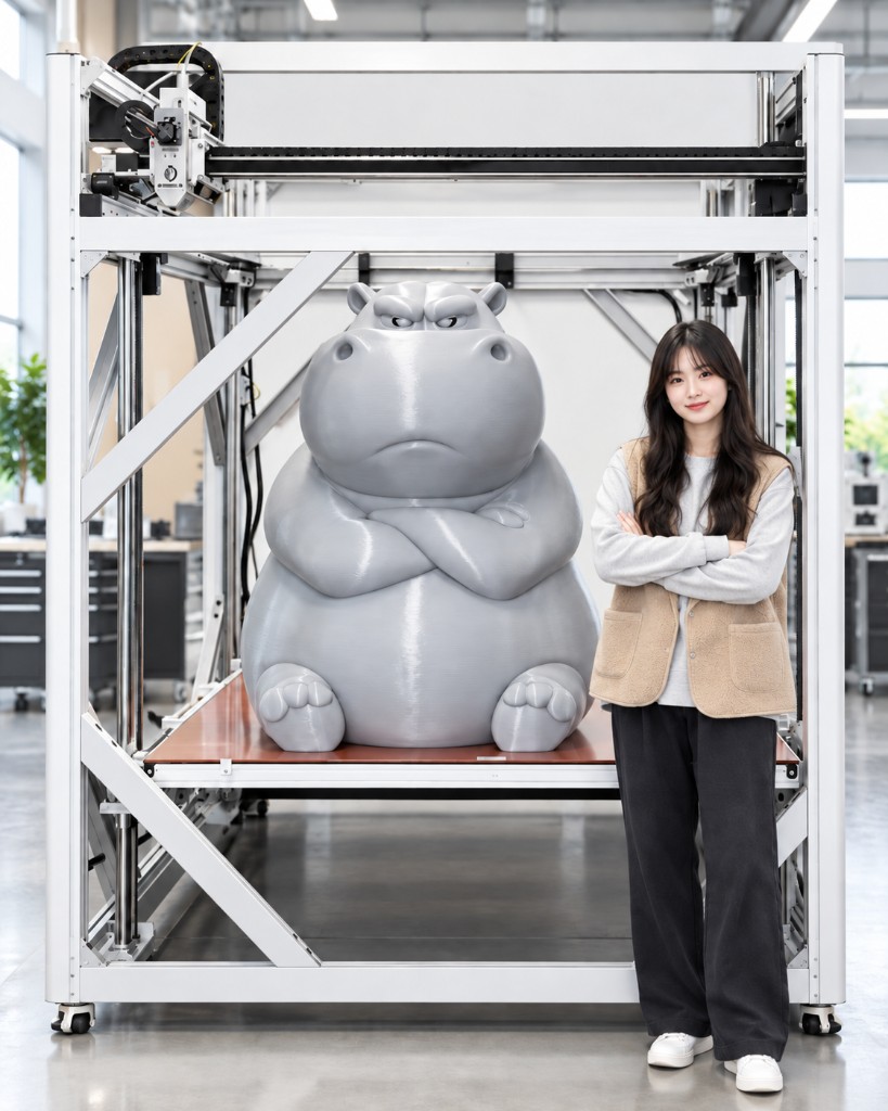 Large hippo character sculpture printed on a large-format 3D printer, next to a person